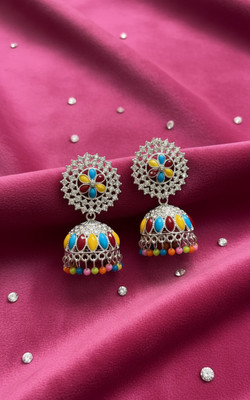 Shyneup Silver Oxidized Multi-Color Jhumka Earrings with Zircon Halo for Women and Girls Cubic Zirconia Alloy Jhumki Earring