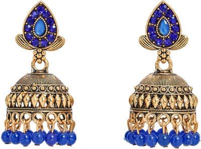 BUMBERELL Elegant Blue Beaded Gold Finish Jhumka Earrings for Women Ruby Alloy Jhumki Earring