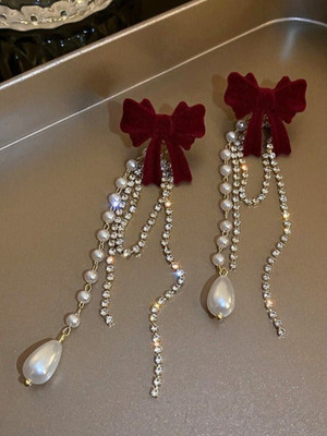 beyter Gold-Plated Pearls Studded Dangler Bow Shaped Drop Earrings Alloy Drops & Danglers