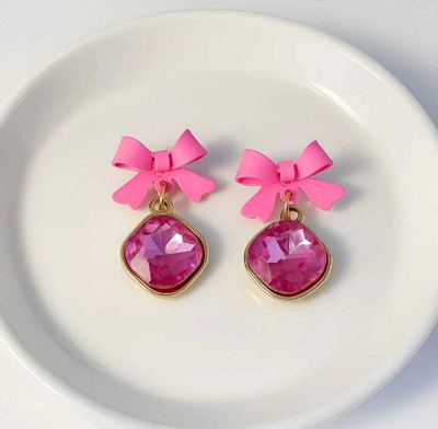 Mebella Fashions Pink Bow Crystal Korean earrings Cubic Zirconia Metal Drops & Danglers Metal Drops & Danglers