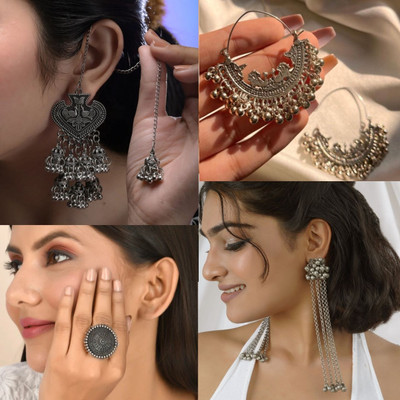 ISLANA combo 4 Oxidised silver jhumki jhumka Earrings with Ring for women and girls Alloy Jhumki Earring