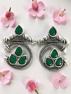 TANSUM COLLECTION Oxidised Silver Green Earrings for Women & Girls, Western Party Wear Jewellery Brass Drops & Danglers