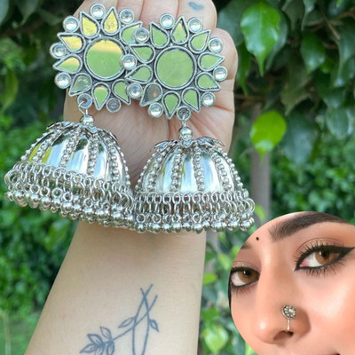 Ashir Oxidised mirror silver jhumki Earrings with nosepin for women and girls Alloy Jhumki Earring
