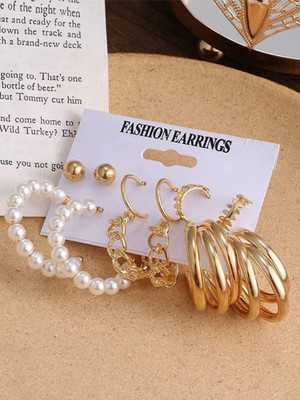 Vembley Combo Of 6 Golden Plain Chain and Pearl Big s Alloy Hoop Earring