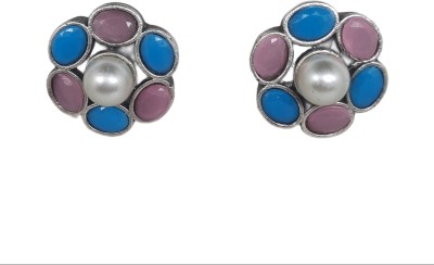 BLUEMOON CREATION GARMEN SILVER STONE STUD EARRINGS FOR WOMEN & GIRLS Pearl Brass Stud Earring