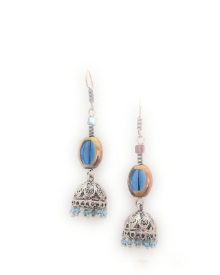 Preet Art Jewellery Antique German Silver Plated Oxidized Finish Blue Beads Long Jhumkhi Earring. Crystal German Silver, Glass Jhumki Earring