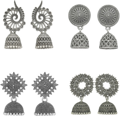 KIARAORNAMENTS 4 Pair Oxidised Silver Jhumka Earrings Combo Set for Women & Girls Alloy Stud Earring
