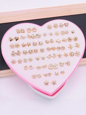 DIVINE 36 PAIRS OFSTYLISH EARRINGS STUD WITH HEART SHAPE BOX FOR GIRLS (1 BOX) Plastic Stud Earring