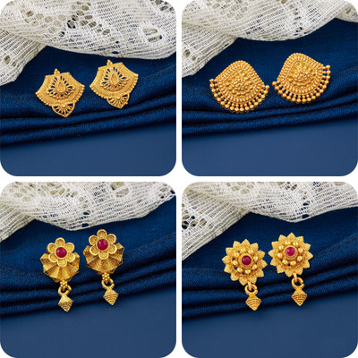 LaChoiceIt Pack of 4 Pair Traditional Gold Pleted Earring Collection Brass Earring Set