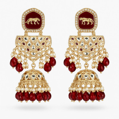 LV SRINGARA Gold Plated Red Kundan Jhumka Earrings for Women Crystal Brass Jhumki Earring