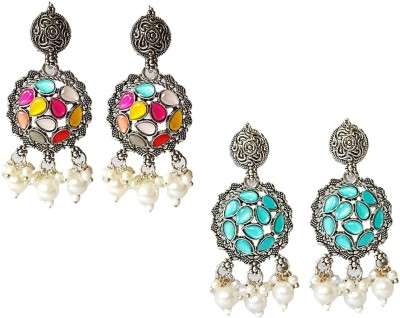 Muccasacra Daily use Officewear Multicolour stone Pearl studded Pearl, Crystal Alloy, Metal, German Silver, Stone Drops & Danglers, Stud Earring