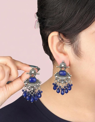 Fashion Didi Silver-Toned Blue Stone & Bead Drop Earrings Alloy Stud Earring