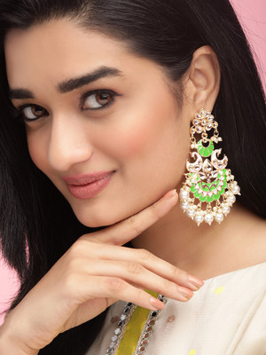 RUBANS Rubans 22K Gold Plated Green and Pink Enamel, Kundan-, Pearl Beaded Chandbalis Brass Chandbali Earring