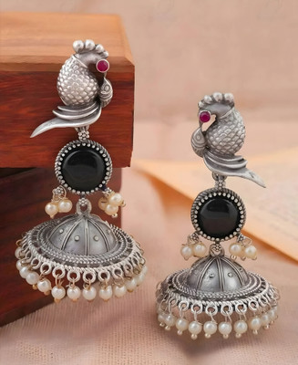Ratnalok Peacock Charm Oxidised Silver Jhumka Earrings with Pearl Drops in Black Alexandrite Alloy Jhumki Earring