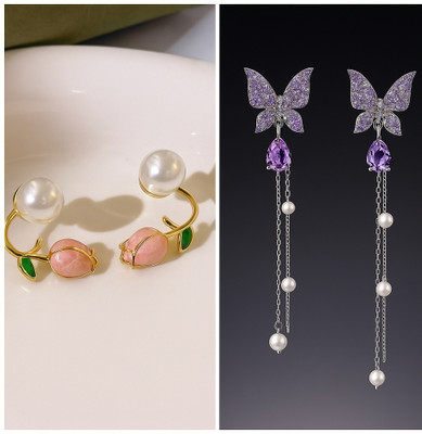 pas Korean earring combo set butterfly long chain with pink rose set Pearl, Beads, Crystal, Cubic Zirconia Alloy Drops & Danglers, Plug Earring, Jhumki Earring, Earring Set