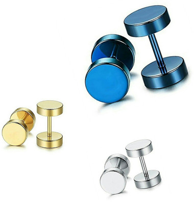 Heer Collection Combo Dumbbell Earring 3 Color Blue/Gold/Silver (3-Pair) Stainless Steel Stud Earring, Clip-on Earring, Earring Set, Magnetic Earring