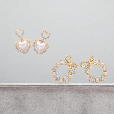 glamourgeekstudio Elegant Pearl Heart Drop & Bow Hoop Earrings Set Crystal, Cubic Zirconia, Pearl, White Zircon Alloy Drops & Danglers, Earring Set, Huggie Earring, Stud Earring, Rhinestone Studs
