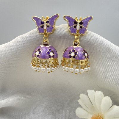 Fashion Theme Trendy Gold Plated Earrings Pink Jhumki for Girls & Women Crystal Brass Earring Set, Stud Earring