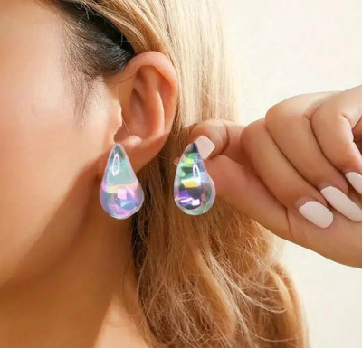 AKISON JEWELS Clear Rainbow Waterdrop Tear drop Korean Earrings For Women Girls Trendy Earring Alloy Earring Set, Drops & Danglers