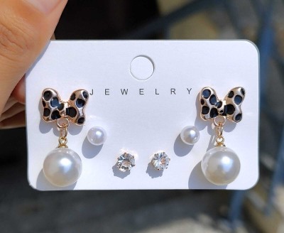 darpan Trendy Korean Bow Pearl Drop Combo Earrings & Studs Pearl Alloy Drops & Danglers