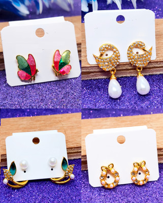 LOVESTONE Korean Earrings Combo Set 4 Jhumka Earrings for women Golden Pearl Earrings Set Pearl, Diamond Brass Stud Earring