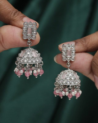 Saloni Fashion Jewellery Dazzling Square Shape Silver Plated Pink Kundan Stone Jhumki Earring Cubic Zirconia Alloy Jhumki Earring