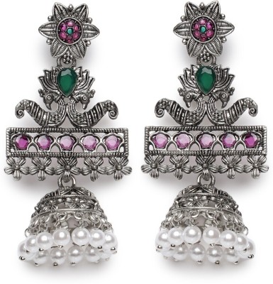 AATMANA Pink & Green Oxidised Silver-Plated German Silver Stone Studded & Beaded Jhumkas Alloy Jhumki Earring