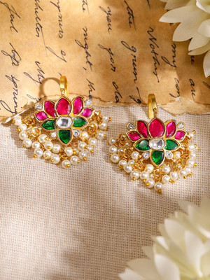 RUBANS 22K Gold-Plated Ruby, Emerald & White Kundan Lotus Design Ear Cuff-Pearl Beads Brass Cuff Earring