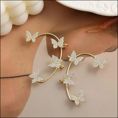 TVI Korean Golden Studded Butterfly Ear Climber Ear Cuff For Women/Girls Cubic Zirconia Alloy Cuff Earring