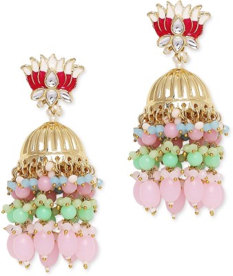 fabula Pink & Mint Green Meenakari Jadau Jhumka Birthday & Anniversary Gift Beads, Crystal Alloy Jhumki Earring