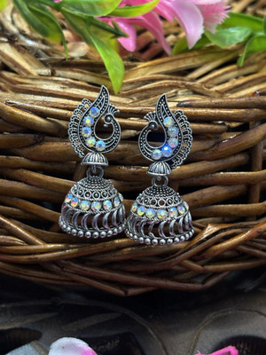 SHYAMZAN Oxidized Silver Peacock Jhumka Earrings with Iridescent Stones Alloy Jhumki Earring