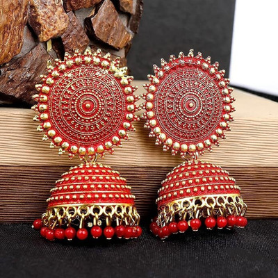 pas Traditional red Beaded Jhumka Earrings for Women & Girls for party wear Beads, Pearl Alloy Rhinestone Studs, Stud Earring, Jhumki Earring, Earring Set, Drops & Danglers