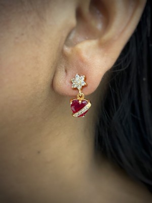 Digital Dress Room Gold-Plated CZ Maroon Color Heart Drop Earrings | Party Wear Jewelry for Women Brass Drops & Danglers