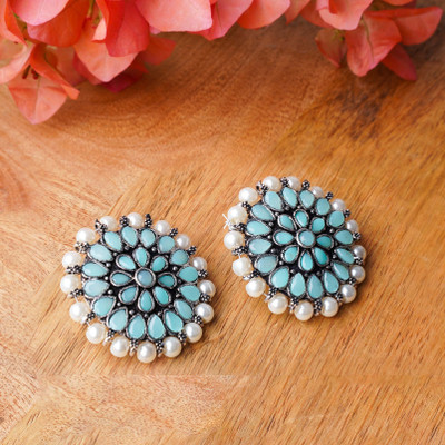 StylishKudi Mint Stone Studded Round Oxidised Studs With Embellished Pearls Brass Stud Earring