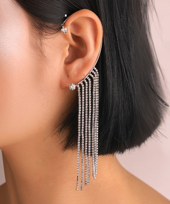 Vembley Silver Studded Chain Tassels Ear Cuff Earrings For Women/Girls Cubic Zirconia Alloy Drops & Danglers