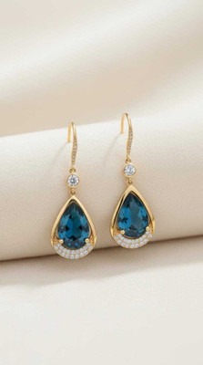 PastelZ Glow Korean Gold Drop Earrings – Elegant Blue Crystal Dangle for Women and girls Alloy Drops & Danglers, Earring Set