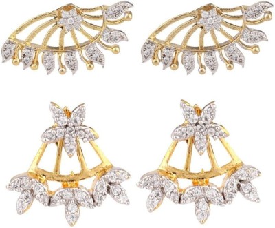 JEWELS GURU Set of 2 Pair American Diamond 2 Size Earcuf Changeable to studs Cubic Zirconia Alloy Cuff Earring