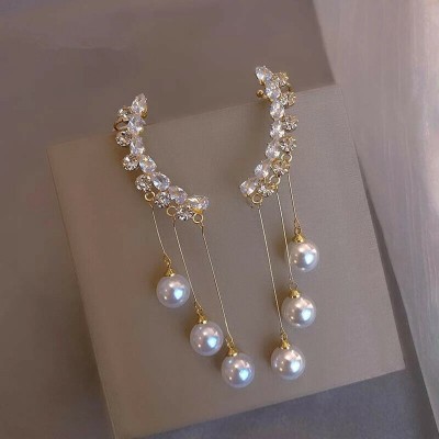polluxcraft Korean White Pearl Tassels Crystal Studded Ear Cuff Drop Earrings Alloy Drops & Danglers