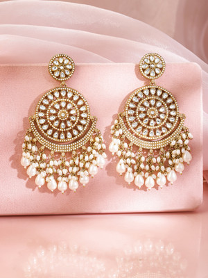 RUBANS Rubans 18K Gold-Plated Kundan Studded White Pearl Beaded Chandbali Earrings Pearl Brass Chandbali Earring
