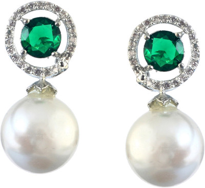 Pallavi Creation Silver-Plated CZ Studded & Pearls Beaded Circular Drop Earrings for Women & Girl Cubic Zirconia, Crystal Brass Drops & Danglers