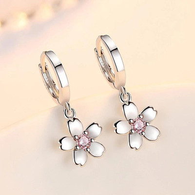 MYKI Fashion Silver Plated Pink Crystal Flower Drop Earrings for Women Cubic Zirconia Stainless Steel Drops & Danglers