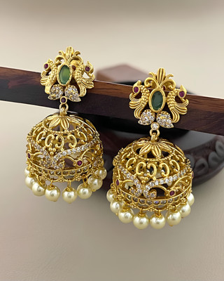PBM CREATIONS GOLD PLATED AD STONE WEDDING JHUMKI / PEARL STUD / KUNDAN BEADS EARRING Copper Drops & Danglers, Jhumki Earring
