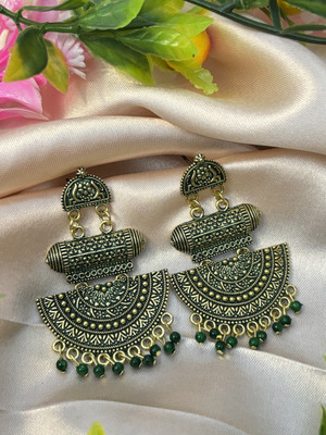 SHYAMAN Antique Gold Plated Green Beaded Dangle Earrings with Intricate Pattern Design Beads Alloy Drops & Danglers