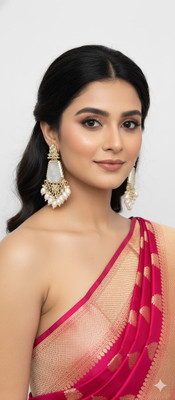 Krishna Store Kundan Pearl Chandbali Earrings – White & Gold Pearl Alloy Chandbali Earring