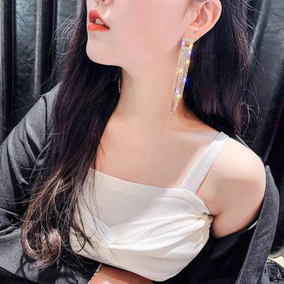 YU Fashions Long chain earring tassel High Fashion Korean earrings Crystal Metal Tassel Earring