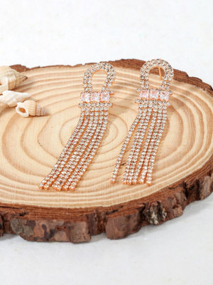 Dressberry Rose Gold Plated Rhinestones Chain Tassels Dangler Earrings for Women Brass Drops & Danglers