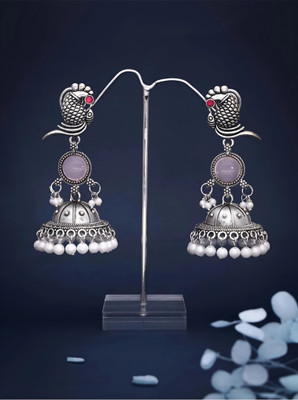 Ratnalok Peacock Charm Oxidised Silver Jhumka Earrings with Pearl Drops in pink Alexandrite Alloy Jhumki Earring