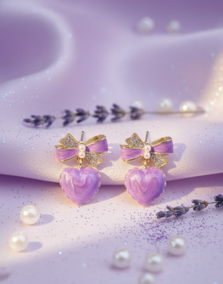 Sivaa Purple Enamel Heart & Diamond-Studded Bow Drop Earrings Alloy Stud Earring