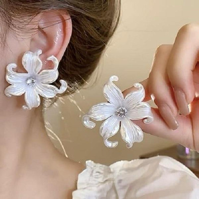 HM Creations White Big Flower Earrings for Women | Lightweight Summer Jewelry Crystal Alloy Hoop Earring, Stud Earring, Tassel Earring