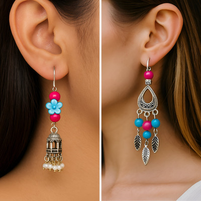 MAYUK ARTSY Handmade German Silver Oxidised Earrings Combo Beads German Silver Drops & Danglers
